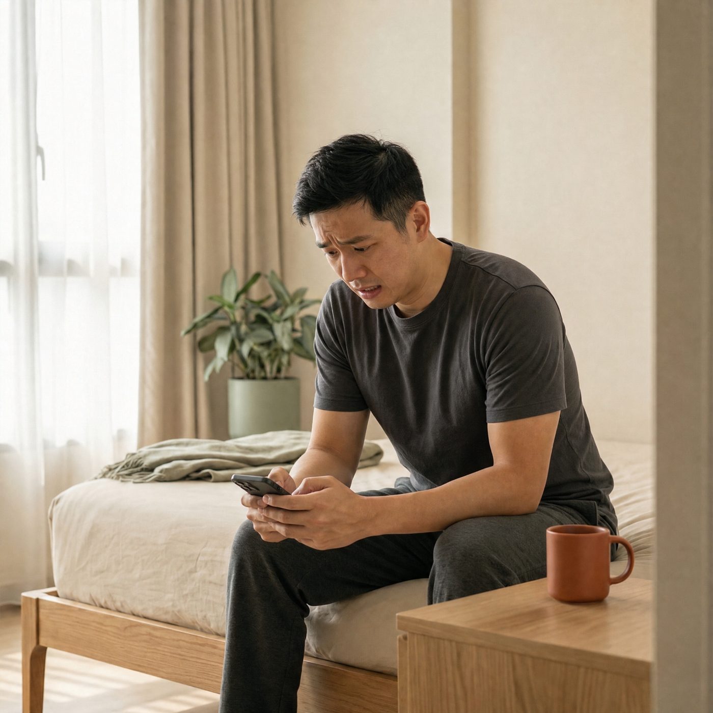 A worried man looking at his phone in a bedroom