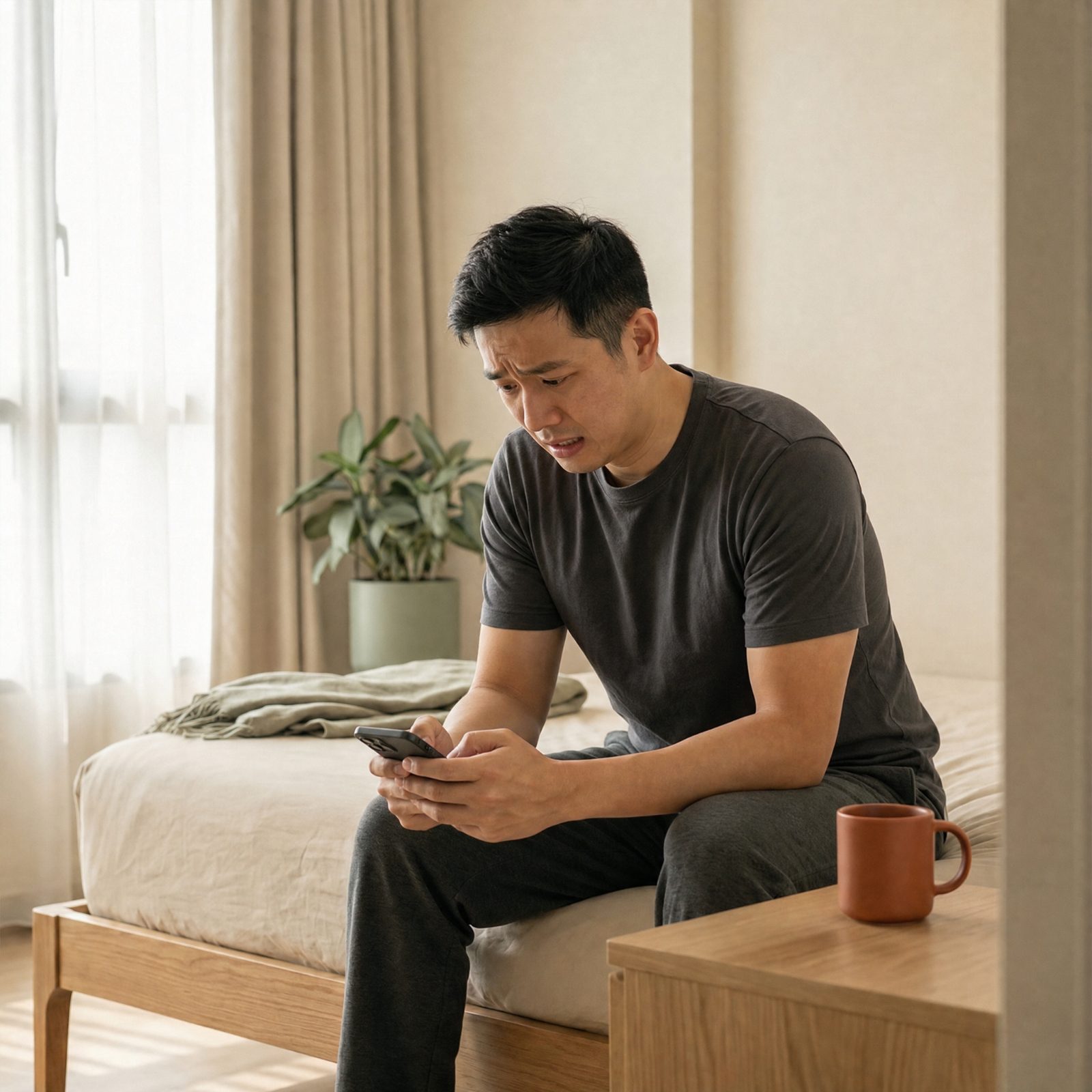 A worried man looking at his phone in a bedroom